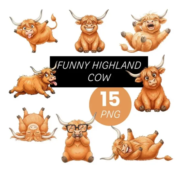 Funny Highland Cow PNG Bundle